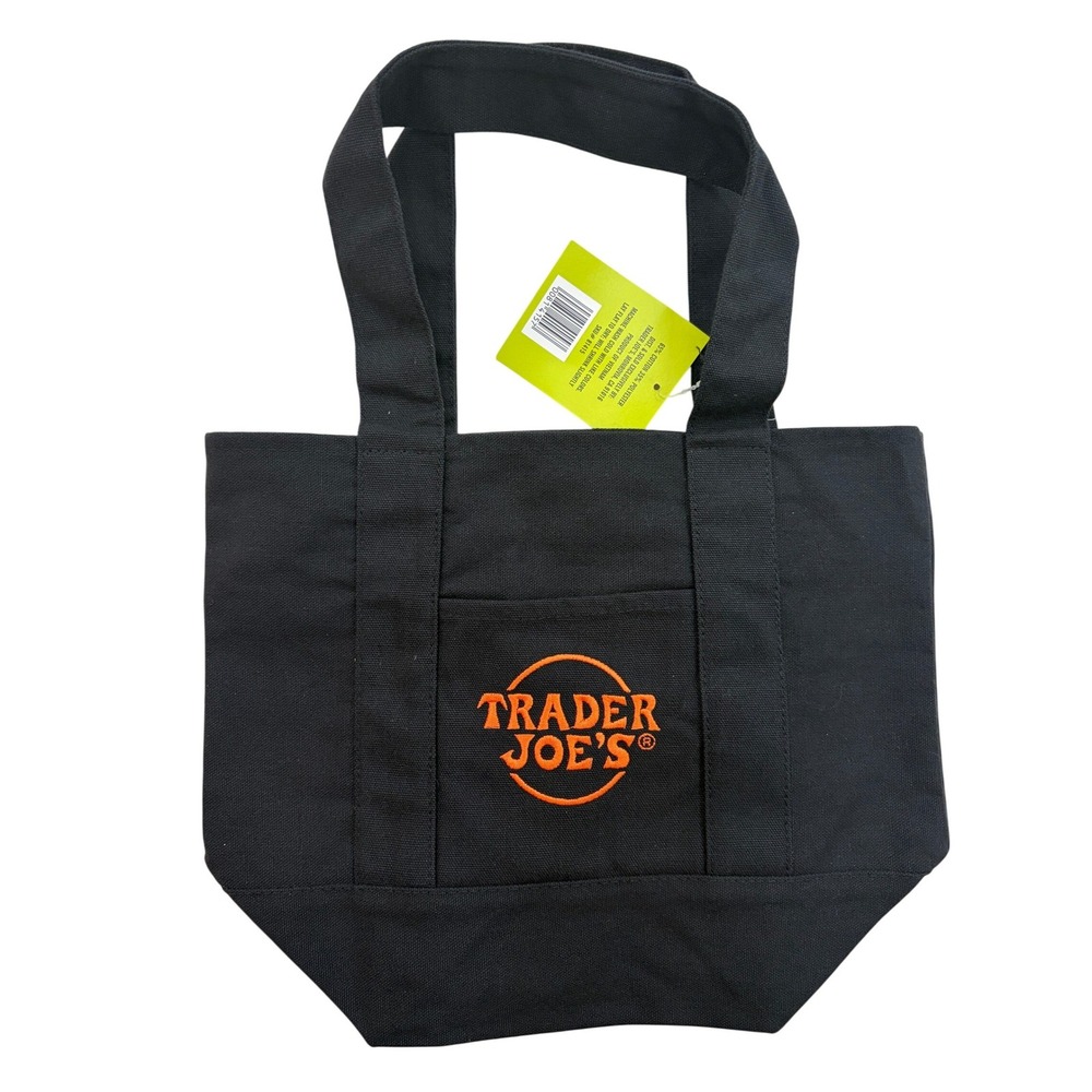 Trader Joes Trick or Treat Mini Canvas Tote Bag Solid Black Halloween NWT